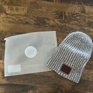 Gray Knit Beanie with Brown Patch